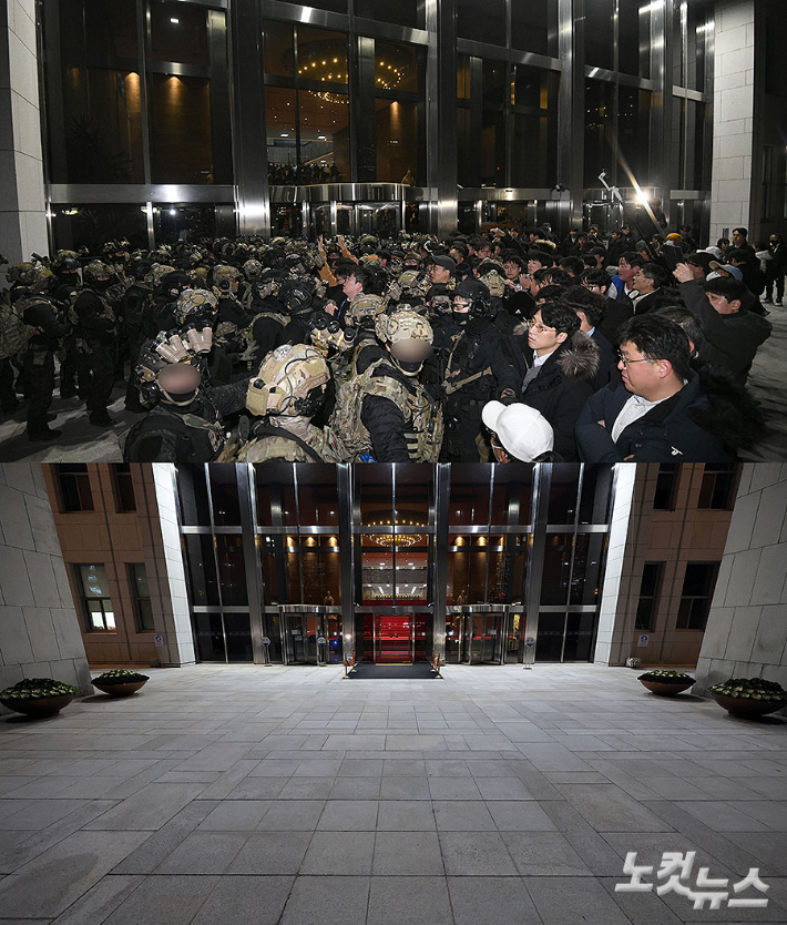 국회 본관 앞에 들이닥친 계엄군과 대치하던 시민들(위),  계엄 1년을 앞두고 고요한 국회 본관 앞 모습(아래).