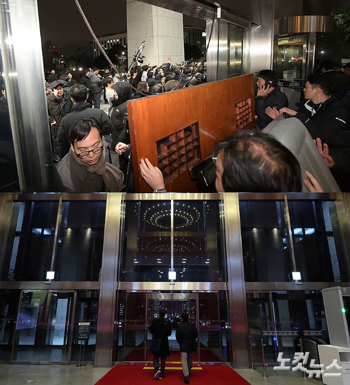 사무집기 등으로 국회 본관을 막은 시민들과 국회 관계자들(위), 고요한 국회 본청 로비 모습(아래).