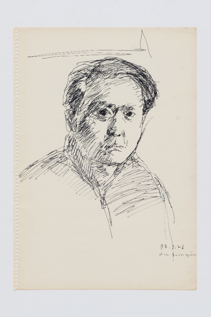 임직순, '자화상', 종이에 펜, 35.7x24.5cm(1973). 예화랑 제공