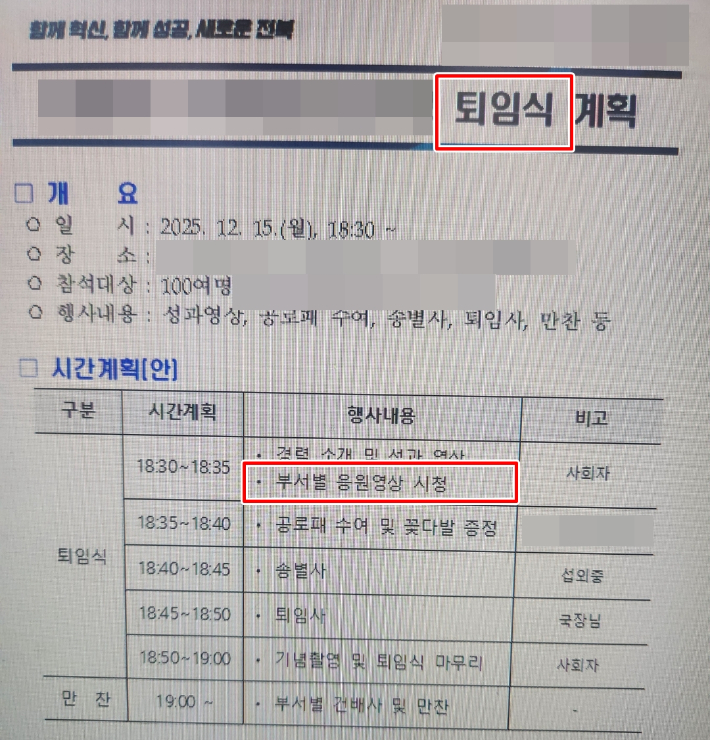 전북도청 국장의 퇴임식 계획서. 제보자 제공