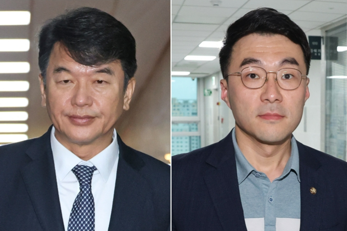 더불어민주당 문진석 원내수석부대표(왼쪽)와 김남국 대통령실 디지털소통비서관. 연합뉴스