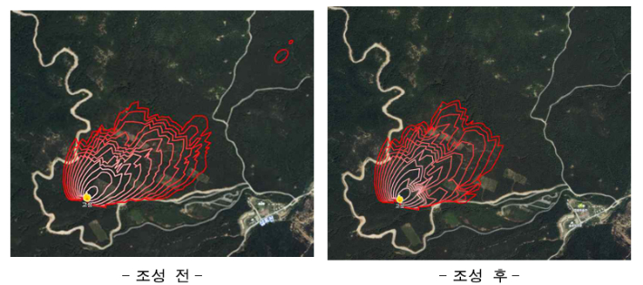 내화수림 조성 전·후 산불 확산 패턴. 국립산림과학원 제공