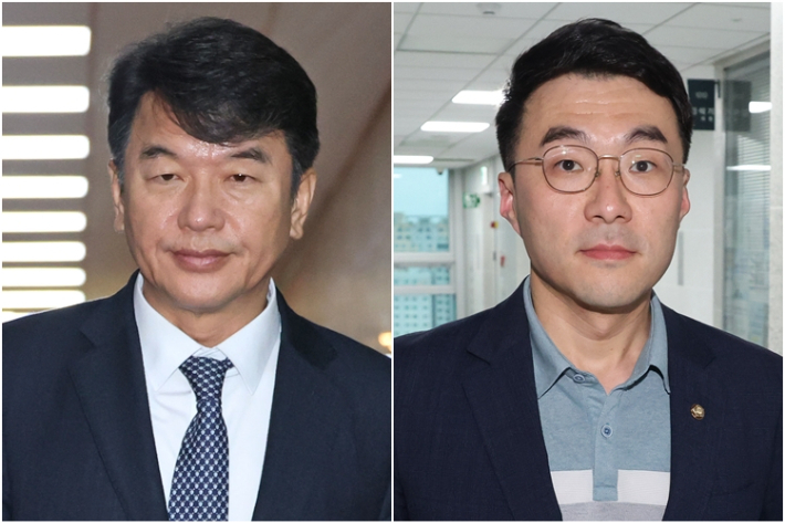 문진석 더불어민주당 원내운영수석부대표(왼쪽)와 김남국 전 대통령실 디지털소통비서관. 연합뉴스