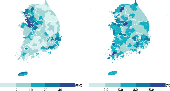 시군구별 이주배경인구 규모(왼쪽)와 시군구별 이주배경인구 비율(오른쪽). 국가데이터처 제공
