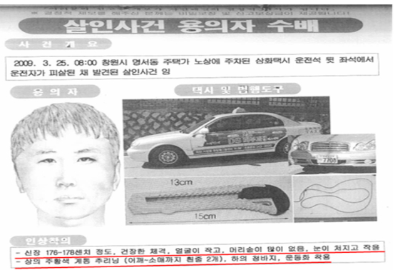 2009년 아크말 씨 검거 전 창원 택시 살인사건 용의자 김모 씨 몽타주 등 자료. 박준영 변호사 제공