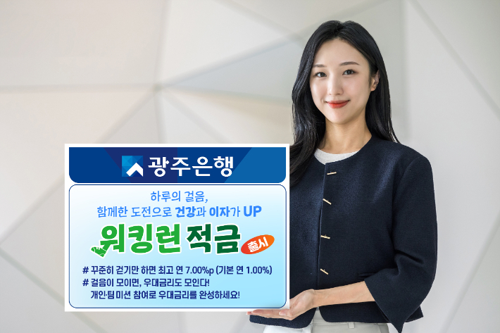 광주은행이 스마트폰이나 웨어러블 기기에서 걸음 수를 측정해 우대금리를 제공하는 6개월제 정기적금 '워킹런 적금'을 출시했다. 광주은행 제공