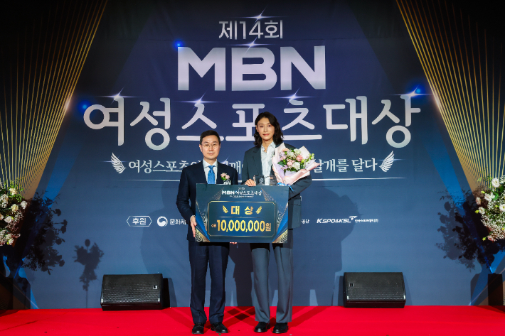 김연경(오른쪽)과 매경미디어 장승준 부회장. MBN 