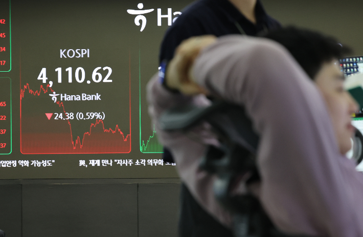 코스피, 4110대 하락 마감…'56만닉스' 후퇴