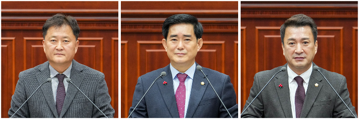 정희택(왼쪽부터) 의원과 이경희 위원장, 최재필 위원장이 5분 자유발언을 하고 있다. 경주시의회 제공