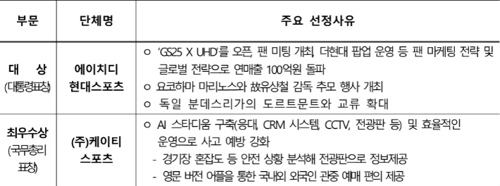 제21회 대한민국 스포츠산업대상 수상자 개요 문건 중 일부. 문화체육관광부 자료 캡처