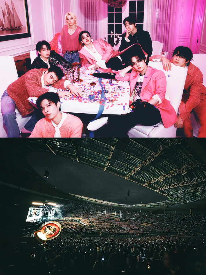 그룹 스트레이 키즈가 미국 빌보드 연말 차트 '톱 투어 2025'에서 K팝 가수 중 최고 순위인 10위를 기록했다. 사진 아래는 파리 스타드 드 프랑스 공연 모습. JYP엔터테인먼트 제공