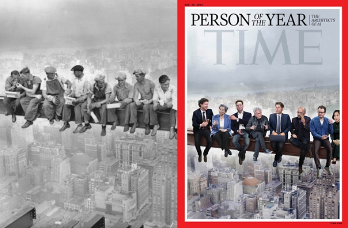 사진 작품 '고층 빌딩 꼭대기에서의 점심 식사'의 일부와 타임지 '올해의 인물' 표지. X 캡처