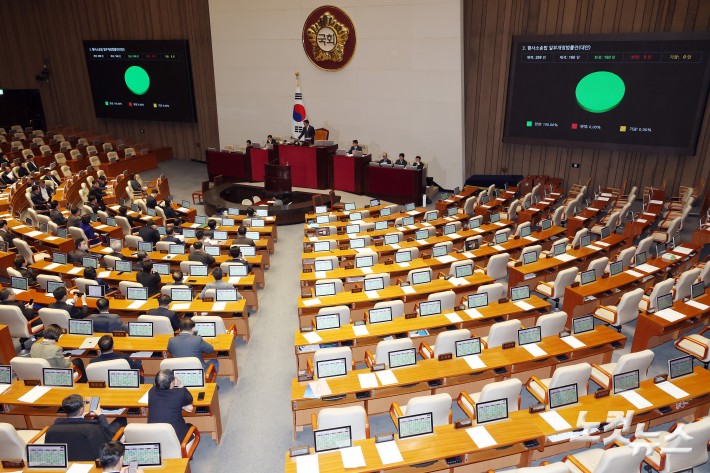 12일 서울 여의도 국회에서 열린 본회의에서 국민의힘 불참 속에 형사소송법 일부개정법률안(대안)이 가결되고 있다.