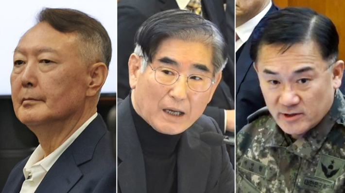 윤석열 전 대통령(왼쪽부터), 김용현 전 국방부 장관, 여인형 전 국군방첩사령관. 헌법재판소 제공