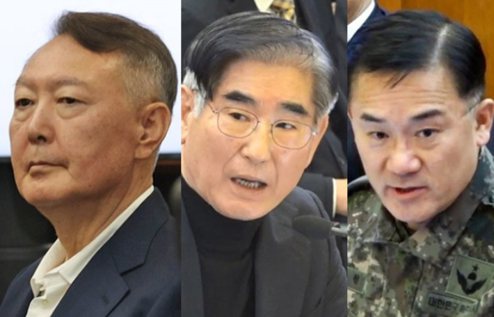 윤석열 전 대통령(왼쪽부터), 김용현 전 국방부 장관, 여인형 전 국군방첩사령관. 헌법재판소 제공