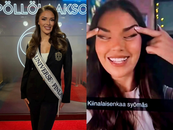 미스 유니버스 대회를 앞두고 '미스 유니버스 핀란드' 어깨띠를 착용한 사라 자프체의 모습(왼쪽). 인종차별 논란이 된 제스처를 취한 사라 자프체의 모습(오른쪽). 사라 자프체 인스타그램·Jodel 캡처