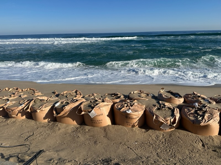 연곡해변에 모래주머니를 쌓아 놓은 모습. 강릉시 제공