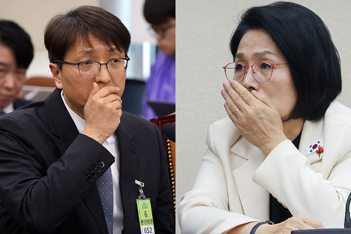 박대준 전 쿠팡 대표(왼쪽), 최민희 국회 과학기술정보방송통신위원장. 윤창원 기자·연합뉴스