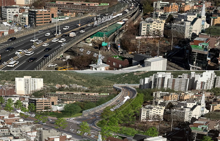 홍은IC(홍지문 터널 입구) 지하화 사업 이전 모습(위)과 지하화 이후 조감도(아래). 서울시 제공