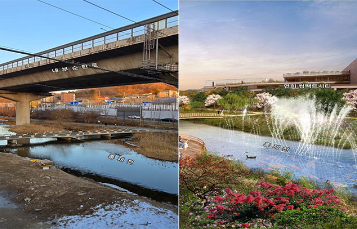 홍제천(가좌역 부근) 지하화 이전 모습(왼쪽)과 이후 조감도(오른쪽). 서울시 제공