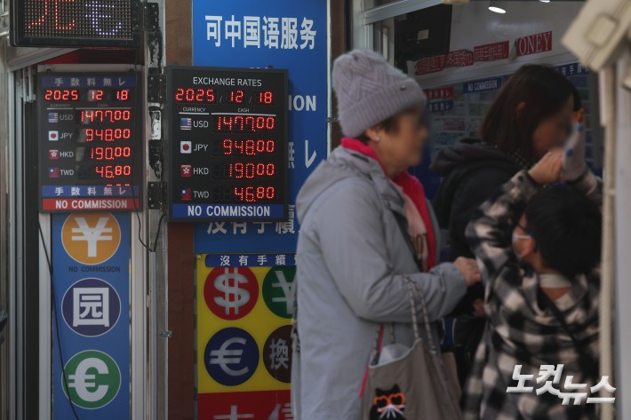 원·달러 환율이 고공행진을 이어가고 있는 가운데 18일 서울 명동 거리의 한 환전소에 환율이 표시되어 있다. 전날(17일) 원·달러 환율이 장중 1480원을 넘어서면서 8개월 만에 최고치를 기록했다.