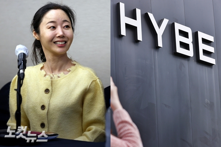 왼쪽부터 민희진 전 어도어 대표, 서울 용산구 하이브 사옥. 박종민 기자/연합뉴스