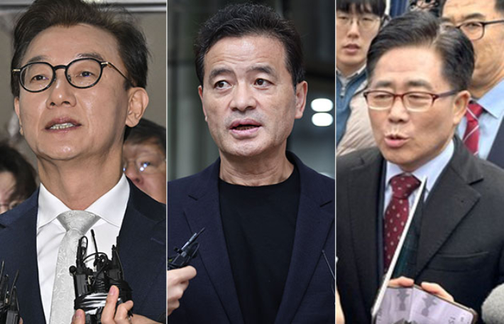 전재수 전 해양수산부 장관과 임종성 전 더불어민주당 의원, 김규환 전 미래통합당 의원. 연합뉴스