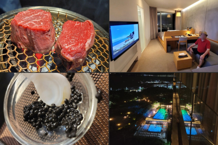 '수급단타왕' K씨가 블로그에 올린 사진들. 자본시장법 위반 혐의로 집행유예형 확정판결이 난 다음 날 먹은 '투뿔(1++) 한우'(좌상단)와 캐비어(좌하단), 가족과 함께 '호캉스'에 갔다며 올린 5성급 호텔방 사진(우상단)과 전경 사진(우하단). K씨 블로그 캡처