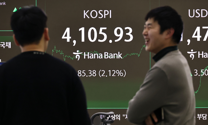  22일 서울 중구 하나은행 딜링룸 현황판에 코스피 지수 등이 표시되고 있다. 연합뉴스