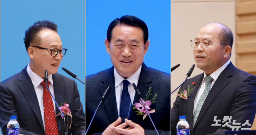 왼쪽부터 백주석 목사(전노회장, 포도원교회), 서순석 목사(호남신앙동지회장, 전 노회장, 금호벧엘교회), 정석윤 목사(광교협 대표회장, 상록교회)가 격려사를 전했다. 한세민 기자