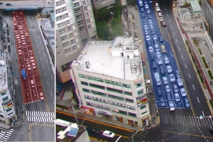 부천소사(소사사거리) 구역 드론 관련 개선 사례 (왼쪽은 전, 오른쪽은 후). 경기남부경찰청 제공