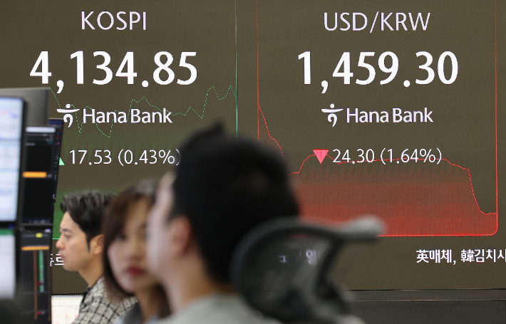 크리스마스이브인 24일 오전 서울 중구 하나은행 본점 딜링룸 현황판에 원/달러 환율이 표시돼 있다. 이날 환율은 전날보다 1.3원 오른 1484.9원으로 출발했으나 외환당국의 구두개입에 1460원대 중반까지 급락했다. 연합뉴스