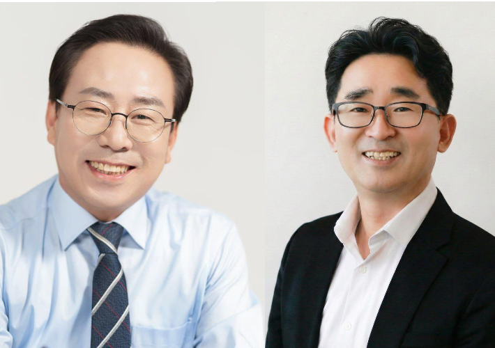 강삼영 전국교육자치혁신연대 상임대표(사진 왼쪽),  최승기 비정규교수노조 강원지부장.  강원 민주진보 교육감 후보 단일화 추진위원회 제공.