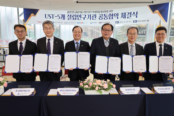 한국기계연구원 이용규 성과확산본부장, 한국생명공학연구원 권석윤 원장, UST 강대임 총장, 한국화학연구원 이영국 원장, 한국전자통신연구원 방승찬 원장, 한국생산기술연구원 박진희 경영기획본부장(왼쪽부터)이 협약을 체결한 뒤 기념촬영을 하고 있다. UST 제공