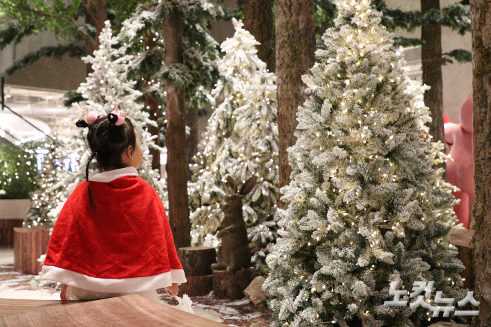 산타 복장을 한 아이가 트리 장식을 바라보고 있다. 임성민 기자