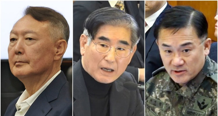 윤석열 전 대통령(왼쪽부터), 김용현 전 국방부 장관, 여인형 전 국군방첩사령관. 연합뉴스