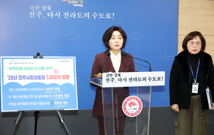 전주시 임숙희 경제산업국장이 26일 시청 브리핑룸에서 내년 전주사랑상품권 발행 계획을 설명하고 있다. 전주시 제공