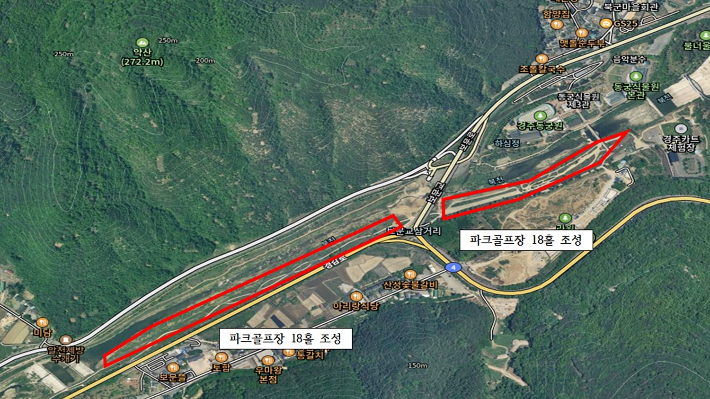 경주시 보문동 동궁원 인근 북군동 일원에 조성할 예정인 파크골프장 위치도. 경주시 제공