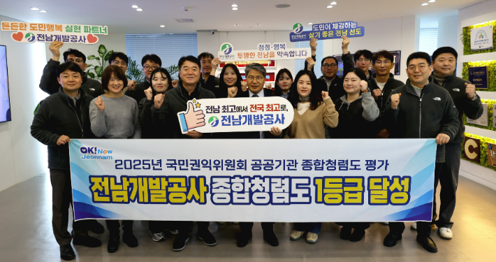 전남개발공사가 국민권익위원회에서 주관하는 '2025년도 공공기관 종합 청렴도 평가'에서 최고 등급인 1등급을 획득한 후 장충기 사장을 비롯한 임직원들이 퍼포먼스를 하고 있다. 전남개발공사 제공