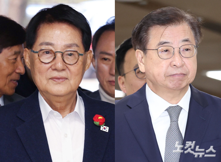 2020년 서해에서 발생한 공무원 피격 사건을 은폐하려 한 혐의로 재판에 넘겨진 문재인 정부 안보 라인인 박지원 전 국가정보원장(왼쪽), 서훈 전 국가안보실장. 류영주 기자