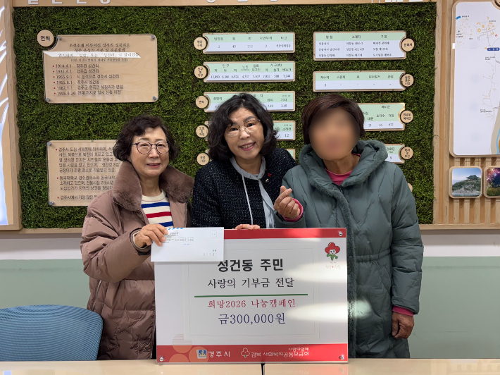 성건동 주민(오른쪽)이 폐지를 모아 마련한 성금 30만원을 전달하고 있다. 경주시 제공 