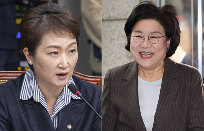 더불어민주당 이언주 수석최고위원과 이재명 정부 초대 기획예산처 장관 후보자로 이혜훈 전 의원. 연합뉴스·황진환 기자