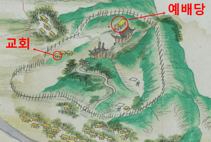 김중기 박사의 주장에 따라 <완산도형>에서 은송리 첫 교회와 추후 지어진 예배당을 표시한 그림. 김중기 이사 제공