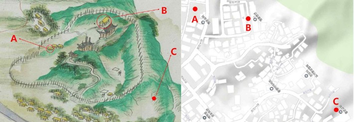 은송리 첫 교회의 위치로 지목된 3곳을 <완산도형>과 네이버 지도에 표시한 사진. A는 행운슈퍼 옆 공터, B는 명륜맨션, C는 좋은교회 옆 공터. 김중기 이사 제공 