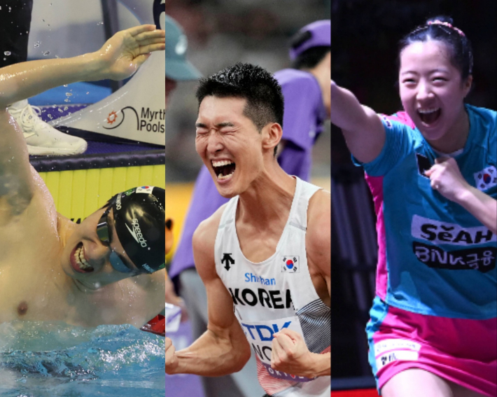 황선우(사진 왼쪽부터), 우상혁, 신유빈의 포효. 연합뉴스