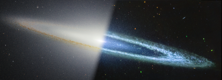 솜브레로 은하를 근적외선(왼쪽)과 중적외선으로 관측한 결과물. NASA, ESA, CSA, STScI