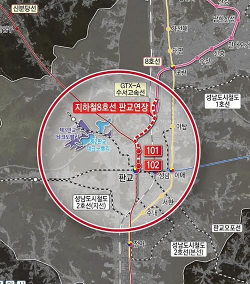 지하철 8호선 판교 연장사업 노선도. 성남시 제공