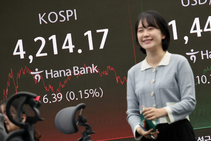 올해 마지막 거래일인 30일 서울 중구 하나은행 본점 전광판에 코스피 지수가 표시돼 있다. 코스피는 전일 종가와 비교해 6.39포인트(p)(0.15%) 하락한 4214.17로 거래를 마쳤다. 박종민 기자