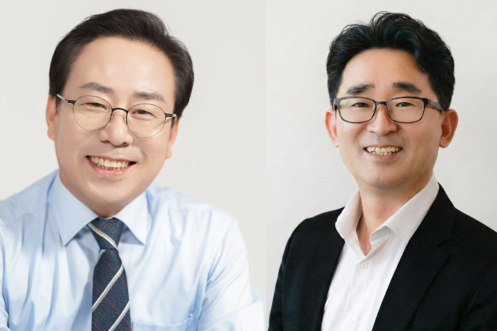 강삼영 전국교육자치혁신연대 상임대표(사진 왼쪽), 최승기 비정규교수노조 강원지부장.  강원 민주진보 교육감 후보 단일화 추진위원회 제공