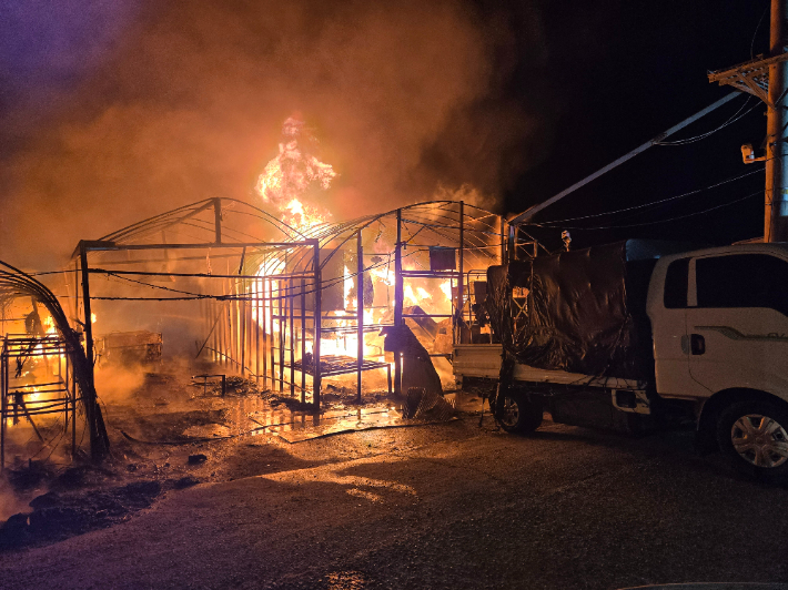 6일 오전 4시 50분쯤 부산 강서구 대저동의 화훼 비닐하우스에서 불이 나 40분 만에 꺼졌다. 부산소방재난본부 제공
